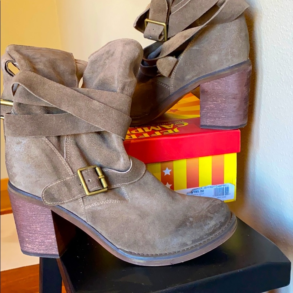 Jeffrey Campbell suede stacked heel boots